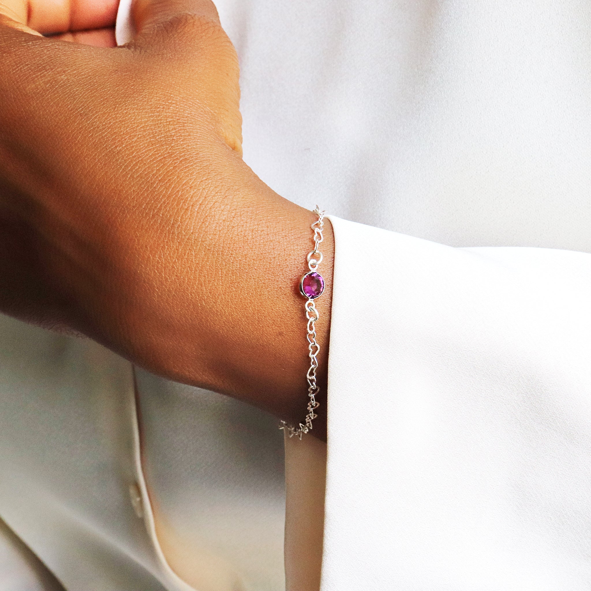 Amour Interlocking Love Chain Bracelet with Amethyst Purple Crystal in Sterling Silver